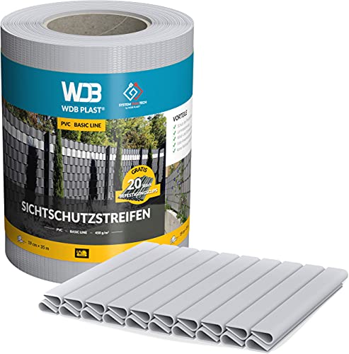 WDB Basic Line PVC Sichtschutzstreifen für Doppelstabmatten - PVC Sichtschutz für Gartenzaun & Doppelstabmattenzaun - 35m x 19cm + 20 Stück Befestigungsclips Klemmschienen (Grau - RAL 7040) von WDB