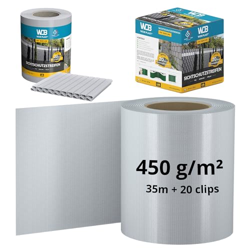 WDB - Sichtschutzstreifen für Doppelstabmatten Sichtschutz Zaun - 19 cm x 35 m + 20 Stück Befestigungsclips - PVC Windschutz Basic Line - Grau - RAL 7040 von WDB