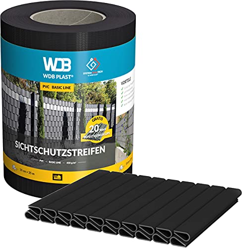 WDB Basic Line PVC Sichtschutzstreifen für Doppelstabmatten - PVC Sichtschutz für Gartenzaun & Doppelstabmattenzaun - 35m x 19cm + 20 Stück Befestigungsclips Klemmschienen (Schwarz - RAL 9005) von WDB