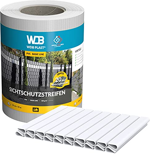WDB Basic Line PVC Sichtschutzstreifen für Doppelstabmatten - PVC Sichtschutz für Gartenzaun & Doppelstabmattenzaun - 35m x 19cm + 20 Stück Befestigungsclips Klemmschienen (Weiß - RAL 9003) von WDB