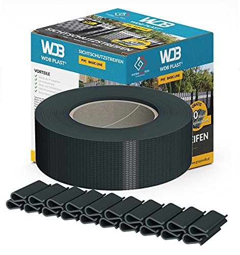 WDB Basic Line PVC Sichtschutzstreifen für Doppelstabmatten - Sichtschutz für Gartenzaun Doppelstabmattenzaun - 47,5 mm × 35 m + 20 Stück Befestigungsclips Klemmschienen Anthrazit von WDB