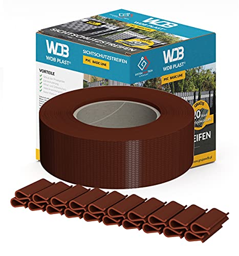 WDB Basic Line PVC Sichtschutzstreifen für Doppelstabmatten - Sichtschutz für Gartenzaun Doppelstabmattenzaun - 47,5 mm × 35 m + 20 Stück Befestigungsclips Klemmschienen Braun von WDB