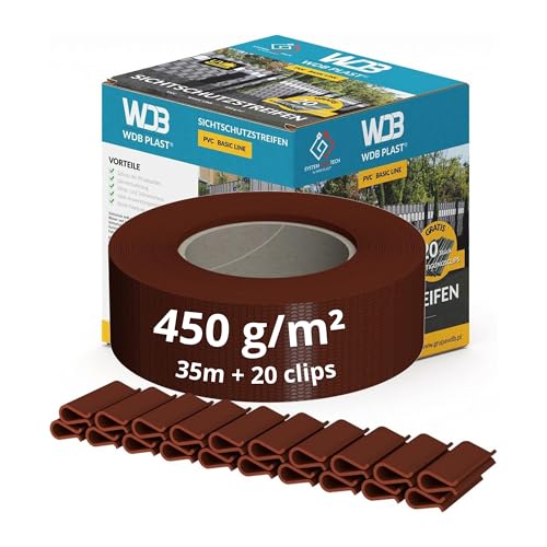 WDB - Sichtschutzstreifen für Doppelstabmatten Sichtschutz Zaun - 4,75 cm x 35 m + 20 Stück Befestigungsclips - PVC Windschutz Basic Line - Braun - RAL 8011 von WDB