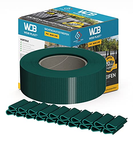 WDB Basic Line PVC Sichtschutzstreifen für Doppelstabmatten - Sichtschutz für Gartenzaun Doppelstabmattenzaun - 47,5 mm × 35 m + 20 Stück Befestigungsclips Klemmschienen Grün von WDB