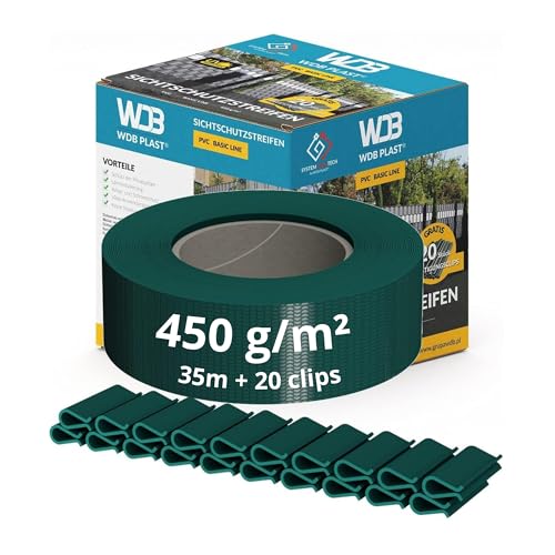 WDB - Sichtschutzstreifen für Doppelstabmatten Sichtschutz Zaun - 4,75 cm x 35 m + 20 Stück Befestigungsclips - PVC Windschutz Basic Line - Grün - RAL 6005 von WDB