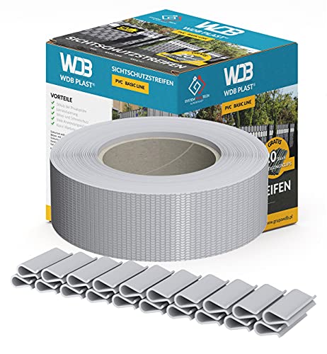 WDB Basic Line PVC Sichtschutzstreifen für Doppelstabmatten - Sichtschutz für Gartenzaun Doppelstabmattenzaun - 47,5 mm × 35 m + 20 Stück Befestigungsclips Klemmschienen Grau von WDB