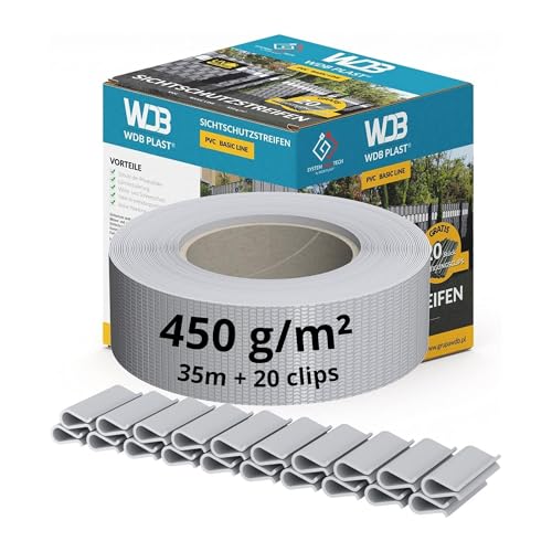 WDB - Sichtschutzstreifen für Doppelstabmatten Sichtschutz Zaun - 4,75 cm x 35 m + 20 Stück Befestigungsclips - PVC Windschutz Basic Line - Grau - RAL 7040 von WDB