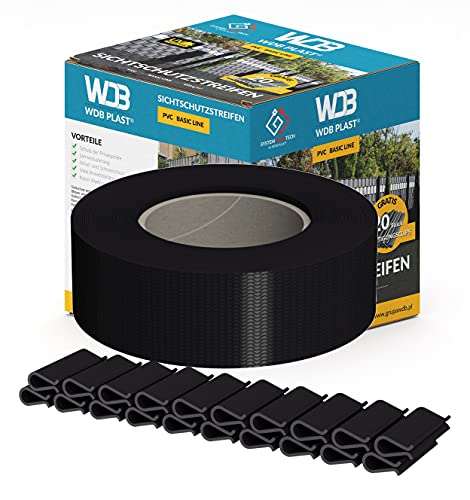 WDB Basic Line PVC Sichtschutzstreifen für Doppelstabmatten - Sichtschutz für Gartenzaun Doppelstabmattenzaun - 47,5 mm × 35 m + 20 Stück Befestigungsclips Klemmschienen Schwarz von WDB