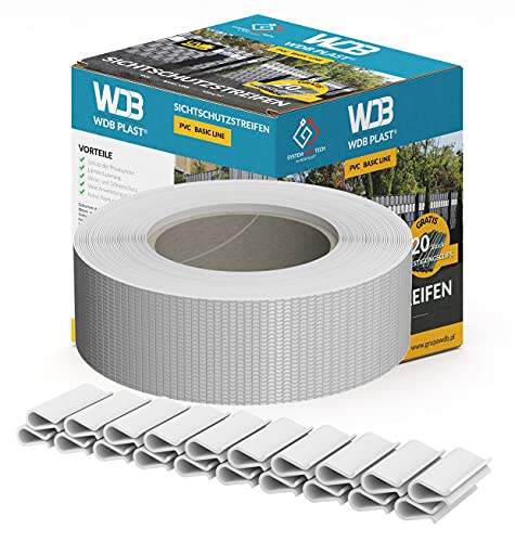 WDB Basic Line PVC Sichtschutzstreifen für Doppelstabmatten - Sichtschutz für Gartenzaun Doppelstabmattenzaun - 47,5 mm × 35 m + 20 Stück Befestigungsclips Klemmschienen Weiß von WDB