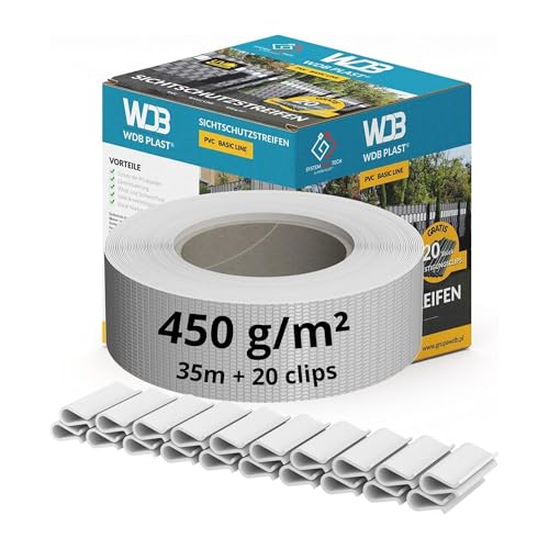WDB - Sichtschutzstreifen für Doppelstabmatten Sichtschutz Zaun - 4,75 cm x 35 m + 20 Stück Befestigungsclips - PVC Windschutz Basic Line - Weiß - RAL 9003 von WDB