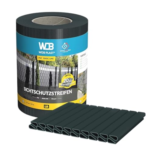 WDB Basic Line PVC Sichtschutzstreifen für Doppelstabmatten Sichtschutz für Gartenzaun & Doppelstabmattenzaun - 35m x 19cm + 20 Stück Befestigungsclips Klemmschienen (Anthrazit RAL 7016) von WDB