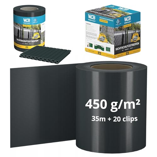 WDB - Sichtschutzstreifen für Doppelstabmatten Sichtschutz Zaun - 19 cm x 35 m + 20 Stück Befestigungsclips - PVC Windschutz Basic Line - Anthrazit - RAL 7016 von WDB