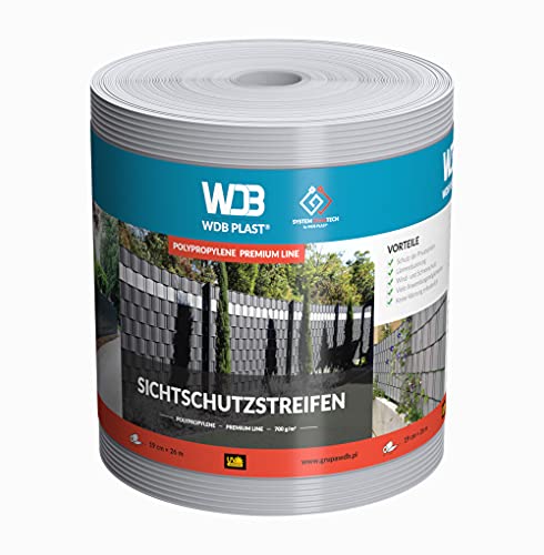 WDB Premium Hart PP Sichtschutzstreifen für Doppelstabmatten - Polypropylen Sichtschutz für Gartenzaun & Doppelstabmattenzaun - Doppelstabmattenzaun Sichtschutz - 26m x 19cm - Grau - RAL 7040 von WDB