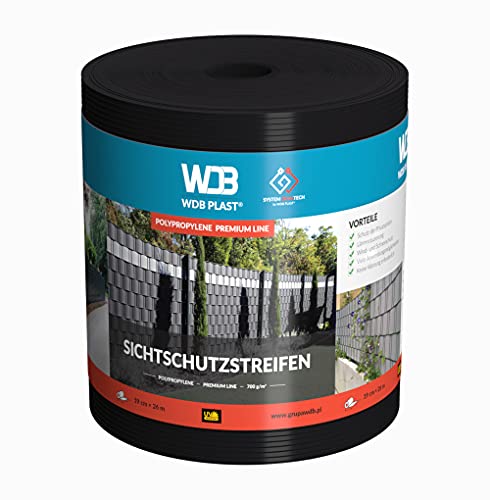 WDB Premium Hart PP Sichtschutzstreifen für Doppelstabmatten - Polypropylen Sichtschutz für Gartenzaun & Doppelstabmattenzaun - Doppelstabmattenzaun Sichtschutz - 26m x 19cm - Schwarz - RAL 9005 von WDB