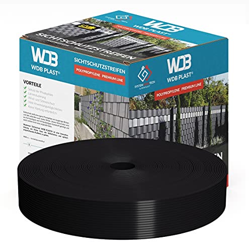 WDB Premium Hart PP Sichtschutzstreifen für Doppelstabmatten - Polypropylen Sichtschutz für Gartenzaun & Doppelstabmattenzaun - Doppelstabmattenzaun Sichtschutz - 50m x 4,75cm - Schwarz - RAL 9005 von WDB