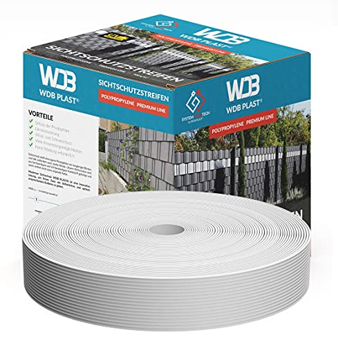 WDB Premium Hart PP Sichtschutzstreifen für Doppelstabmatten - Polypropylen Sichtschutz für Gartenzaun & Doppelstabmattenzaun - Doppelstabmattenzaun Sichtschutz - 50m x 4,75cm - Weiß - RAL 9003 von WDB