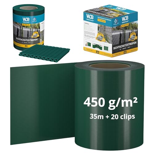 WDB - Sichtschutzstreifen für Doppelstabmatten Sichtschutz Zaun - 19 cm x 35 m + 20 Stück Befestigungsclips - PVC Windschutz Basic Line - Grün - RAL 6005 von WDB
