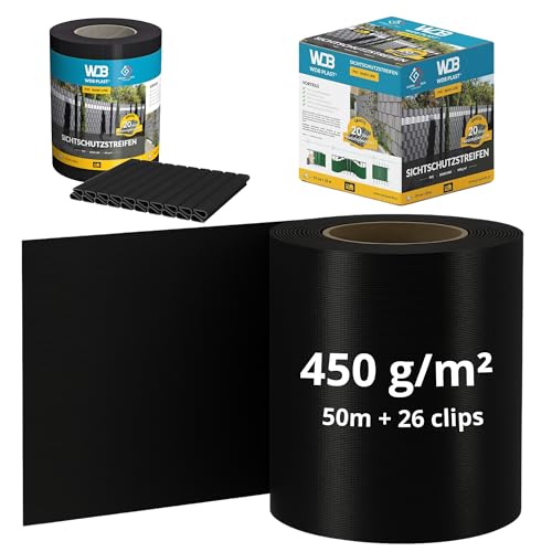 WDB - Sichtschutzstreifen für Doppelstabmatten Sichtschutz Zaun - 19 cm x 50 m + 26 Stück Befestigungsclips - PVC Windschutz Basic Line - Schwarz - RAL 9005 WDB - Sichtschutzstreifen für Doppelstabmatten Sichtschutz Zaun - 19 cm x 50 m + 26 Stück Befestigungsclips - PVC Windschutz Basic Line - Schwarz - RAL 9005 von WDB