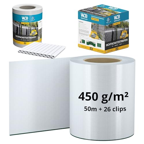 WDB - Sichtschutzstreifen für Doppelstabmatten Sichtschutz Zaun - 19 cm x 50 m + 26 Stück Befestigungsclips - PVC Windschutz Basic Line - Weiß - RAL 9003 von WDB
