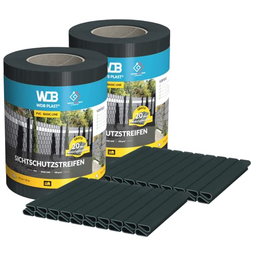 WDB - Sichtschutzstreifen für Doppelstabmatten Sichtschutz Zaun - Set 2X 35 m x 19 cm + 80 Stück Befestigungsclips - PVC Windschutz Basic Line - 450 g/m2 - Anthrazit - RAL 7016 von WDB