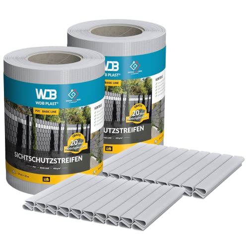 WDB - Sichtschutzstreifen für Doppelstabmatten Sichtschutz Zaun - Set 2X 35 m x 19 cm + 80 Stück Befestigungsclips - PVC Windschutz Basic Line - 450 g/m2 - Grau - RAL 7040 von WDB
