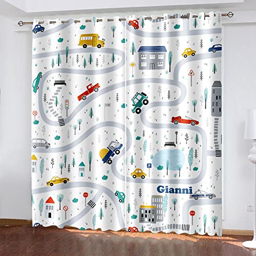 WDBBY Vorhänge mit Ösen, 3D weiß einfach Cartoon Auto 2 x 132x240cm Verdunkelungsvorhänge, blickdichte Wärmedämmvorhänge, Polyester für Kinderzimmer, Schlafzimmer, blickdichtes Set 2 von WDBBY
