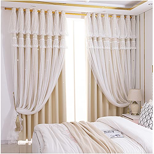 WDCDYQDH Doppellagiger schwarzer Fenstervorhang, Tüllüberzug, Voile, Stickerei, rot, solides Paneel, Wohnzimmer (dunkelgrün, B350 x H270 cm) (beige, B130 x H220 cm) von WDCDYQDH