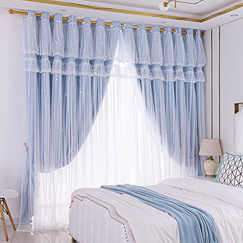 WDCDYQDH Doppelschichtiger Fenster-Schwarz-Vorhang, Tüll-Overlay, Voile-Stickerei, LayeRood Solid Panel Wohnzimmer (dunkelgrün, B350 x H270 cm) (Blauw von WDCDYQDH