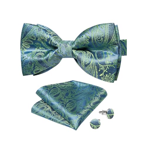 WDCDYQDH Vorgebundene Fliege, klassischer Pasiley-Knoten aus Seide, Fliege für Herren, Manschettenknöpfe-Set für Party-Accessoires und Geschenke (Vert Hellgrau) von WDCDYQDH