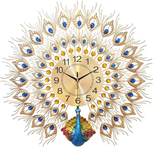 WDCDYQDH Wanduhr Kunst Metall Pfau Große Luxus Tier Goud Chic Dekorative Design Digital Für Wohnzimmer von WDCDYQDH