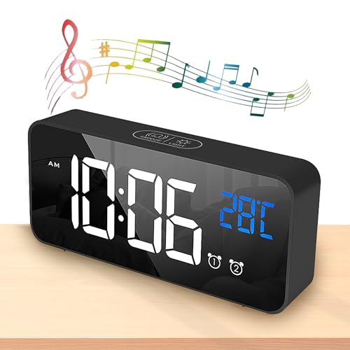 Digital Wecker, Große LED Temperaturanzeige, USB Wiederaufladbar, 2 Alarmen, Snooze Funktion, Sprachsteuerung Funktion, 4 Helligkeiten, 13 Musik, LED Digitaluhr Spiegelalarm Tischuhr (Schwarz) von WDEC