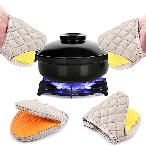 WDEC 2 Stück Mini Topfhandschuhe Ofenhandschuh hitzebeständig, rutschfest, Silicone, Baumwoll, mit Aufhängeschlaufe, für Mikrowelle und Ofen, Silikonofen verdicken Topflappenhandschuhe von WDEC