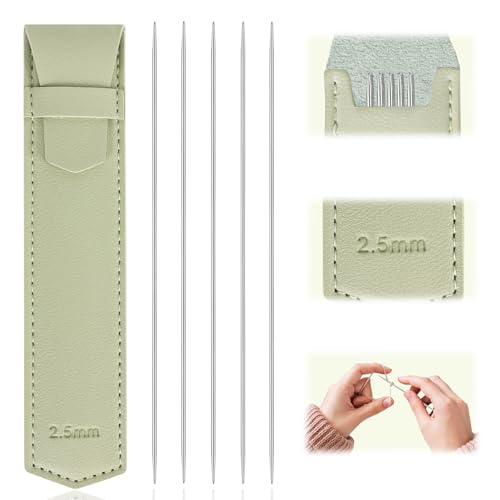5 Stück Edelstahl Sockennadeln Set Nadelspiel 2,5 mm 15cm Länge mit Grün Aufbewahrungstasche Klein PVC Leder Doppelspitz Stricknadeln Stricknadeln Rundstricknadel für Socken Hüte Schals Handschuhe von WDFCN