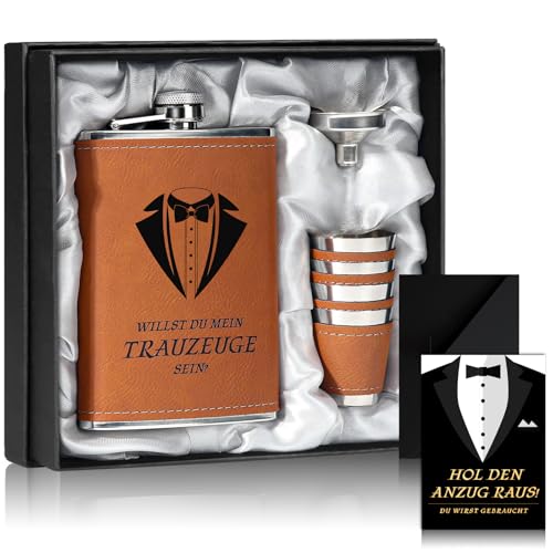 Trauzeugen Flachmann Willst Du Mein Trauzeuge Sein Geschenk Trauzeugen Karte 8oz Flachmann Mit Gravur Leder Braun 4 Becher Trichter In Schwarze Geschenkbox Edelstahl Schnapsgläser Für Hochzeit von WDFCN