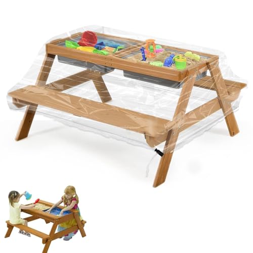 WDFCN Kinder Picknicktisch Abdeckung Kinder Sitzgarnitur Abdeckung Mit Kordelkordel 98 X98 X50cm Abdeckhaube Schutzhülle Wasserdicht Für 3-In-1 Sand Kindersitzgarnitur Outdoor Transparent von WDFCN