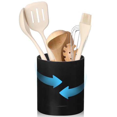 WDFCN Rotierender schwarzer Utensilienhalter aus Kunststoff, Küchenutensilien-Caddy 360° Besteckhalter, 3 Fächer, Utensilientopf, drehbarer Utensilien-Organizer für Küchenarbeitsplatte von WDFCN
