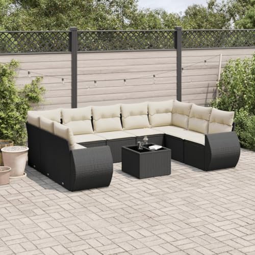 10-Piece Garden Sofa Set with Cushions, Black PE Rattan Outdoor Furniture for Patio, Terrace & Backyard, Modular Lounge Set with Glass Table Washable Covers, Weather-Resistant & UV-Protected von WDGJJFECNMUEHI