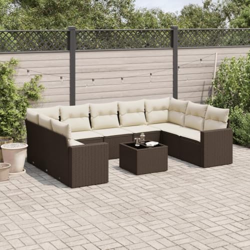 10-Piece Garden Sofa Set with Cushions Brown PE Rattan Outdoor Furniture for Patio Terrace, Modular Wicker Sectional Seating Group with Storage Waterproof Bag & Glass Table, UV Resistant von WDGJJFECNMUEHI