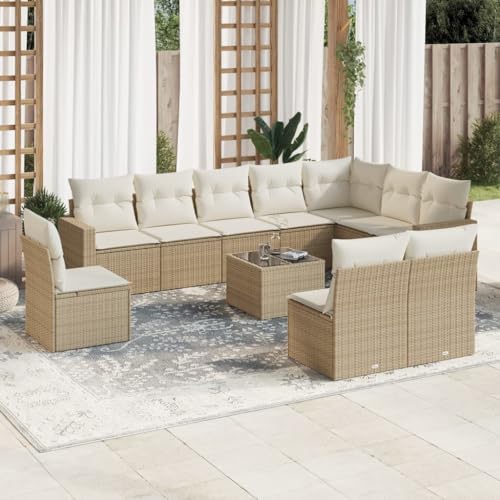 11-Piece Garden Sofa Set with Cushions Beige PE Rattan Outdoor Furniture for Patio Terrace, Modular Design Weather-Resistant Poly Rattan Sectional with Storage Glass Table & Washable Covers von WDGJJFECNMUEHI