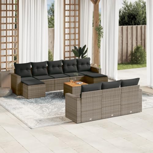 11-Piece Garden Sofa Set with Cushions Gray PE Rattan Outdoor Furniture for Patio Terrace Backyard, Weather-Resistant Modular Sectional Seating Group with Acacia Wood Table and Washable Covers von WDGJJFECNMUEHI
