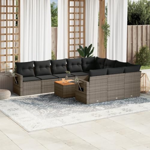 11-Piece Gray Poly Rattan Garden Sofa Set with Cushions, Outdoor Patio Furniture for Terrace Backyard, Modular PE Wicker Sectional Sofa with Side Table, UV-Resistant Weatherproof Lounge Set von WDGJJFECNMUEHI