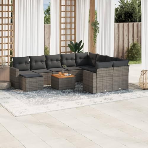11-Piece Gray Poly Rattan Garden Sofa Set with Cushions, Outdoor Patio Furniture for Terrace Backyard, Weather-Resistant PE Rattan Sectional Sofa with Coffee Table, Modular Design, Easy to Clean von WDGJJFECNMUEHI