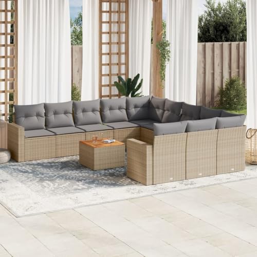 12-Piece Garden Sofa Set with Cushions Beige PE Rattan Outdoor Furniture for Patio Terrace, Modular Sectional Sofa Set with Acacia Wood Table, Weather-Resistant & Washable Covers, Comfortable Seating von WDGJJFECNMUEHI