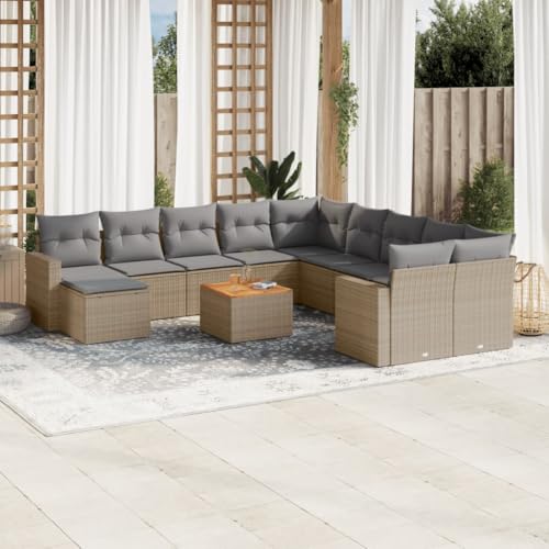12-Piece Garden Sofa Set with Cushions Beige PE Rattan Outdoor Furniture for Patio Terrace, Modular Sectional Sofa Set with Coffee Table, Weather-Resistant & Washable Durable Acacia Wood Table von WDGJJFECNMUEHI