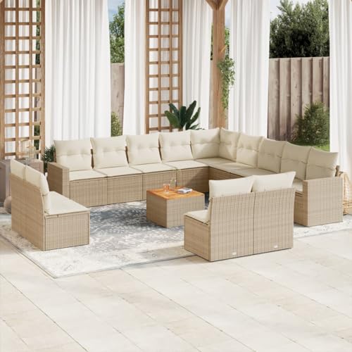 14-Piece Garden Sofa Set with Cushions Beige Poly Rattan Outdoor Furniture for Patio Terrace, Modular PE Wicker Sectional Seating Group with Acacia Wood Table, UV-Resistant Weatherproof Lounge Set von WDGJJFECNMUEHI