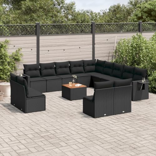 14-Piece Garden Sofa Set with Cushions Black PE Rattan Outdoor Furniture for Patio Terrace, Modular Lounge with Coffee Table Weather-Resistant & UV-Protected Rattan Sofa Set for Backyard Balcony von WDGJJFECNMUEHI