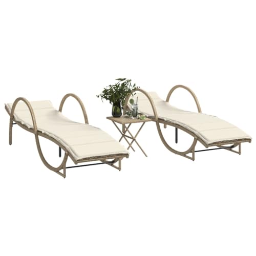 2 Pack Beige Poly Rattan Sun Loungers with Adjustable Backrest & Side Table, Outdoor Garden Patio Poolside Furniture Set, PE Wicker & Powder-Coated Steel Frame, Includes 2 Thick Max Load 110kg von WDGJJFECNMUEHI