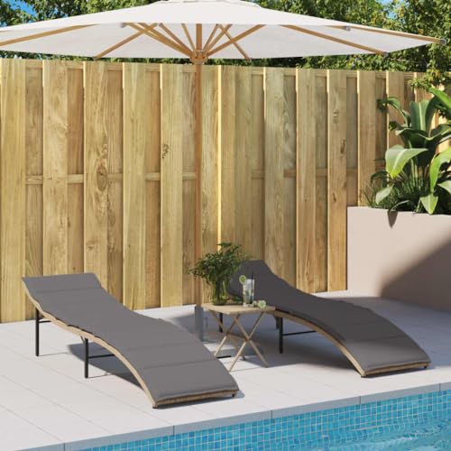 2 Pack Beige Poly Rattan Sun Loungers with Cushions, Adjustable Reclining Backrest, Weather-Resistant PE Wicker & Powder-Coated Steel Frame, Outdoor Patio Poolside Garden Furniture, Max Load 110kg von WDGJJFECNMUEHI