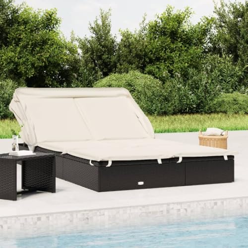 2-Personen-Sonnenliege mit Dach Schwarz PE-Rattan 213x118x97 cm Gartenliege faltbar verstellbar Pool Balkon Camping wetterfest langlebig inklusive Kissen von WDGJJFECNMUEHI