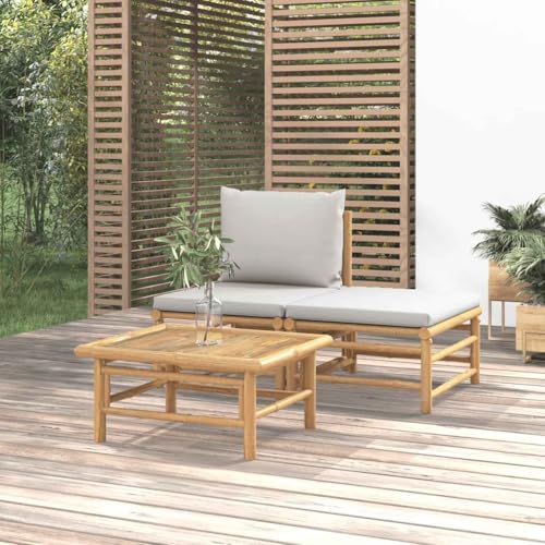 3-Piece Bamboo Garden Lounge Set with Light Gray Cushions - Outdoor Patio Furniture for Balcony Terrace Durable Modular Sofa Set with Coffee Table and Ottoman - Comfortable Weatherproof Design von WDGJJFECNMUEHI